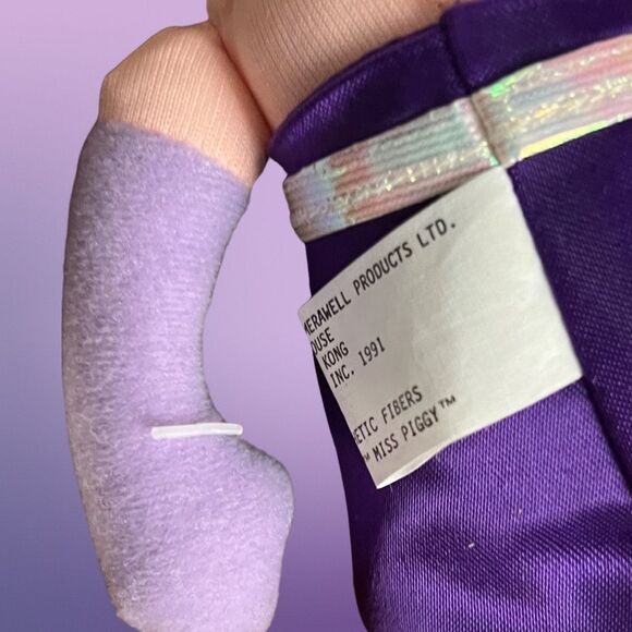 NWT Vintage 1991 MISS PIGGY Doll Purple Dress Soft Body Vinyl Head Jim Henson 7” - Picture 3 of 6